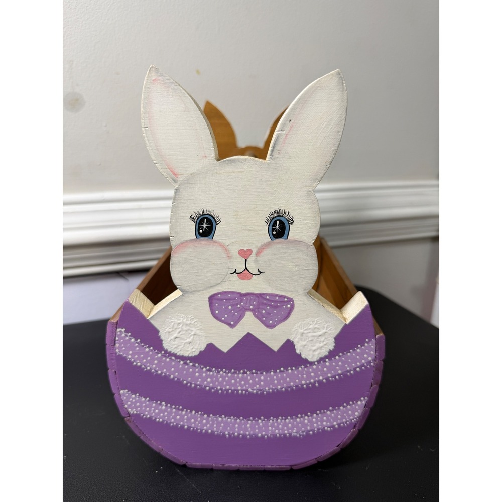 VTG Easter Basket Purple Hand Painted Slat Wood Bunny Cottagecore gift animal